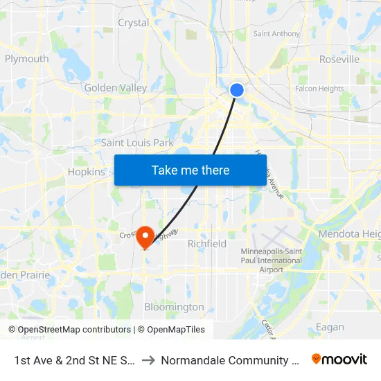1st Ave & 2nd St NE Station to Normandale Community College map