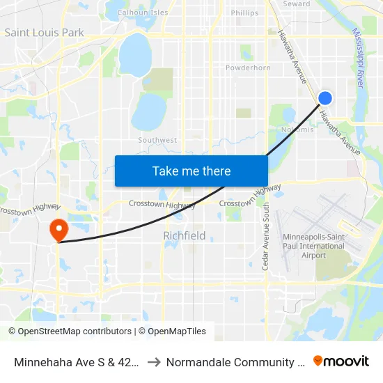 Minnehaha Ave S & 42nd St E to Normandale Community College map