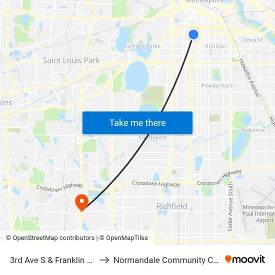 3rd Ave S & Franklin Ave E to Normandale Community College map