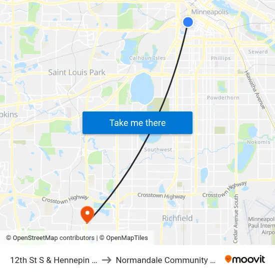 12th St S & Hennepin Ave S to Normandale Community College map