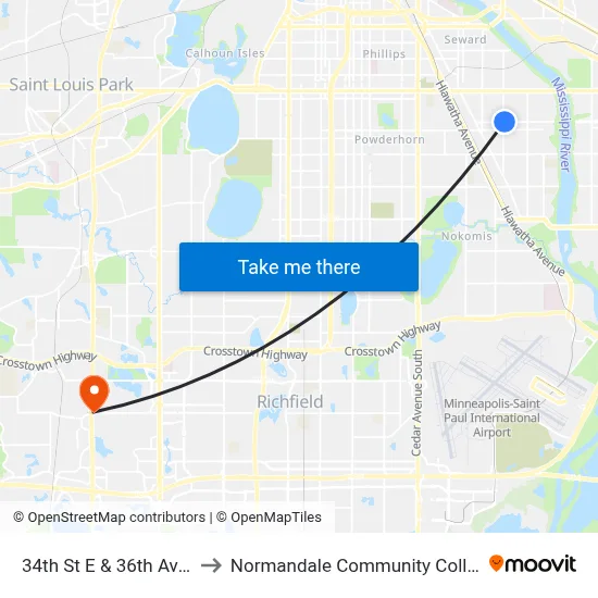 34th St E & 36th Ave S to Normandale Community College map