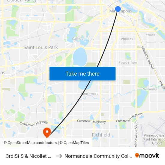 3rd St S & Nicollet Mall to Normandale Community College map