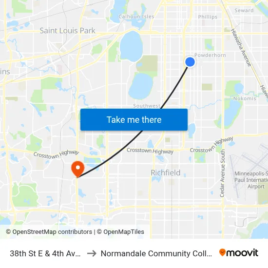 38th St E & 4th Ave S to Normandale Community College map