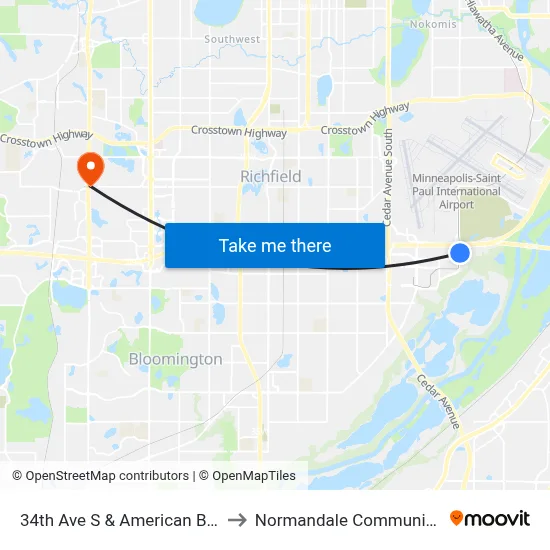 34th Ave S & American Blvd / I-494 to Normandale Community College map