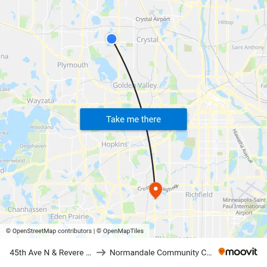 45th Ave N & Revere Lane to Normandale Community College map
