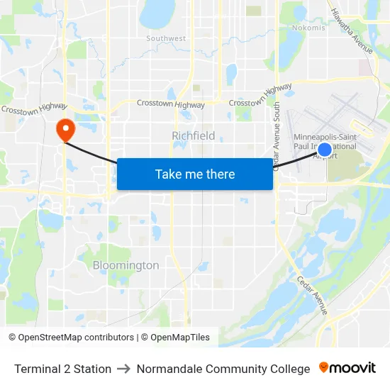 Terminal 2 Station to Normandale Community College map