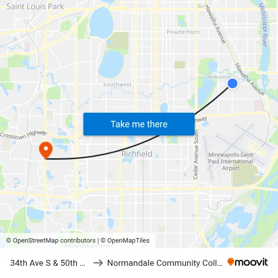 34th Ave S & 50th St E to Normandale Community College map