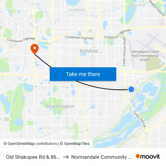 Old Shakopee Rd & 86th St E to Normandale Community College map