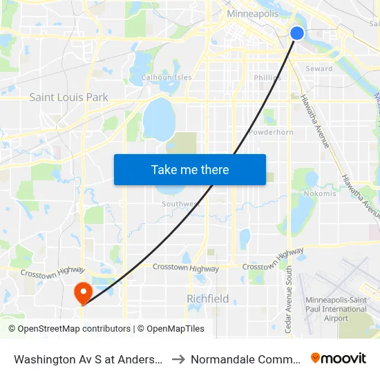 Washington Av S at Anderson Hall SW Corn to Normandale Community College map