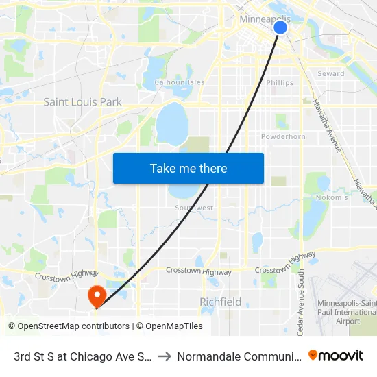 3rd St S at Chicago Ave S NE Corner to Normandale Community College map