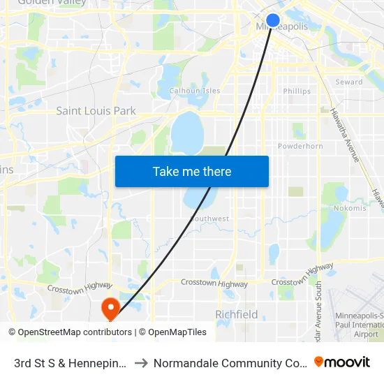 3rd St S & Hennepin Ave to Normandale Community College map