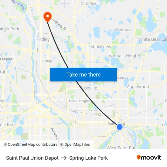 Saint Paul Union Depot to Spring Lake Park map