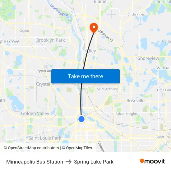 Minneapolis Bus Station to Spring Lake Park map