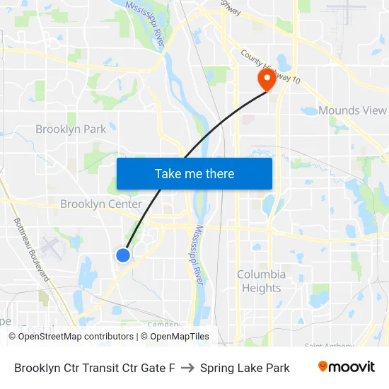 Brooklyn Ctr Transit Ctr Gate F to Spring Lake Park map