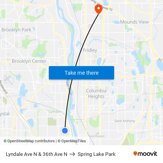 Lyndale Ave N & 36th Ave N to Spring Lake Park map