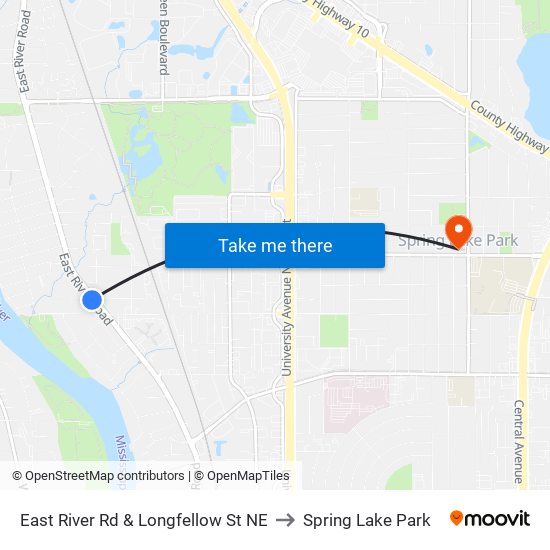 East River Rd & Longfellow St NE to Spring Lake Park map