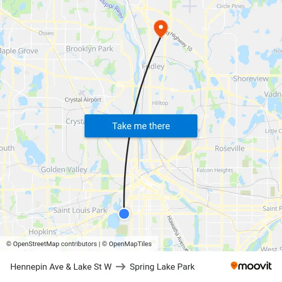 Hennepin Ave & Lake St W to Spring Lake Park map