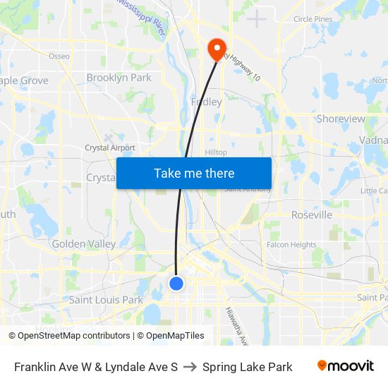 Franklin Ave W & Lyndale Ave S to Spring Lake Park map