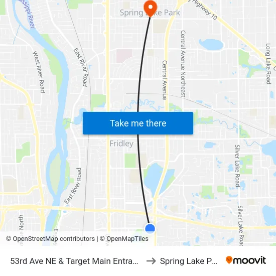 53rd Ave NE & Target Main Entrance to Spring Lake Park map