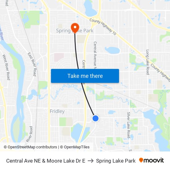 Central Ave NE & Moore Lake Dr E to Spring Lake Park map