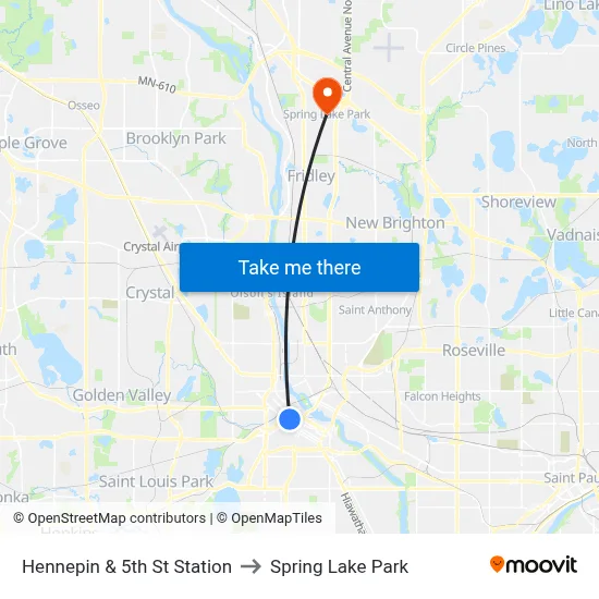 Hennepin & 5th St Station to Spring Lake Park map