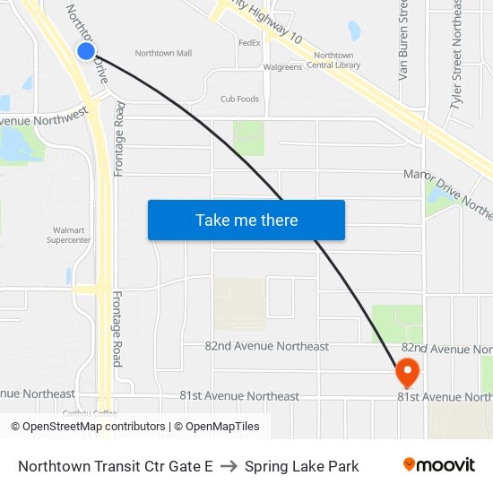 Northtown Transit Ctr Gate E to Spring Lake Park map