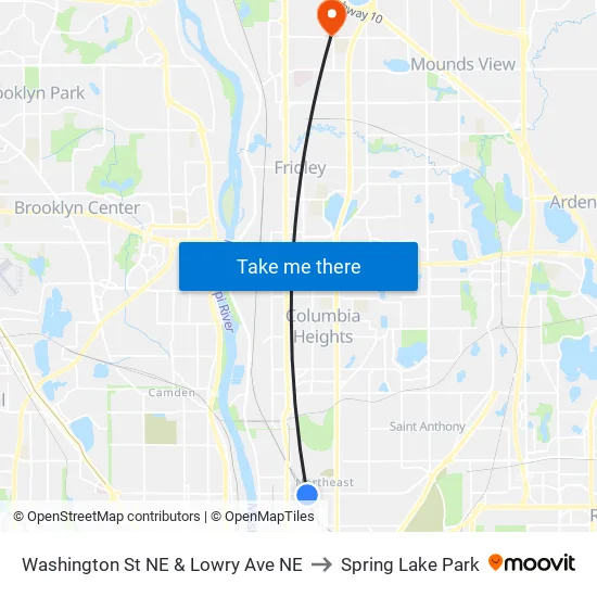 Washington St NE & Lowry Ave NE to Spring Lake Park map