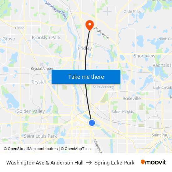 Washington Ave & Anderson Hall to Spring Lake Park map