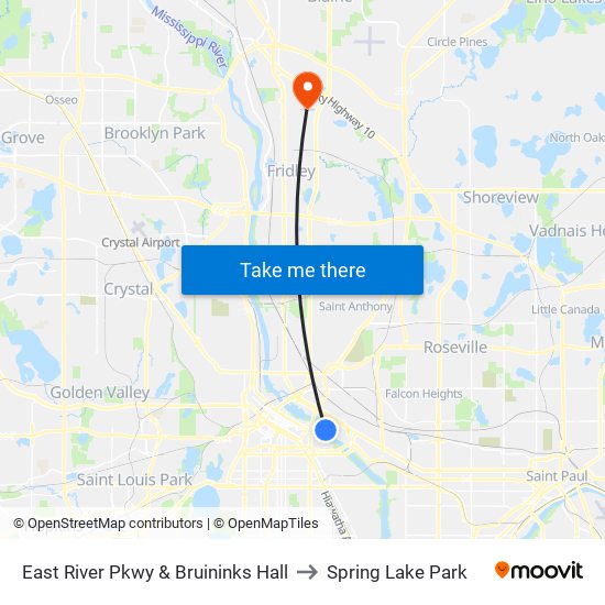 East River Pkwy & Bruininks Hall to Spring Lake Park map