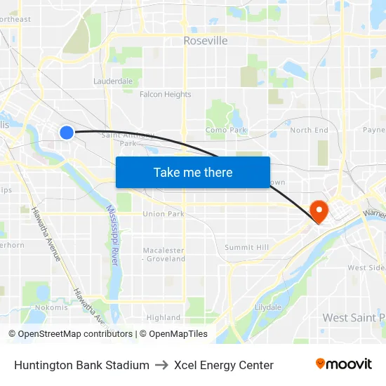 Huntington Bank Stadium to Xcel Energy Center map