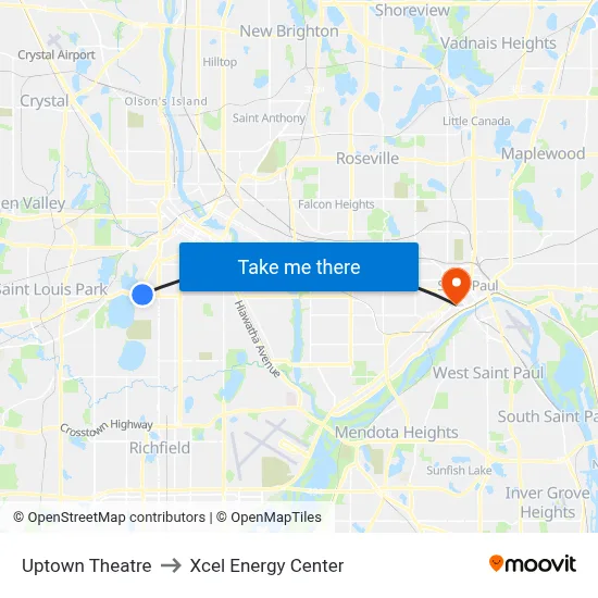 Uptown Theatre to Xcel Energy Center map