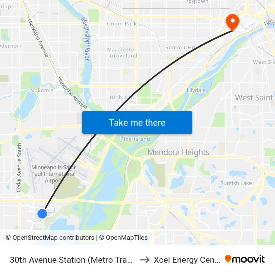 30th Avenue Station (Metro Transit) to Xcel Energy Center map