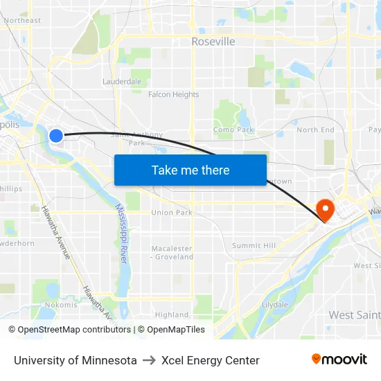 University of Minnesota to Xcel Energy Center map