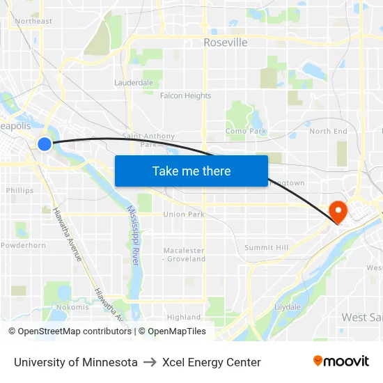 University of Minnesota to Xcel Energy Center map