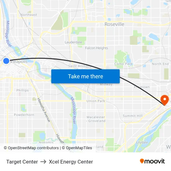 Target Center to Xcel Energy Center map