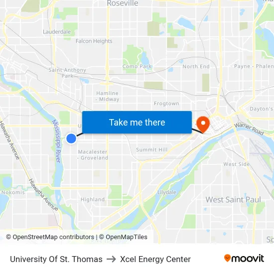 University Of St. Thomas to Xcel Energy Center map
