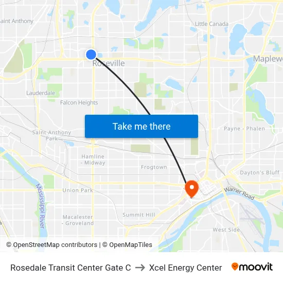 Rosedale Transit Center Gate C to Xcel Energy Center map