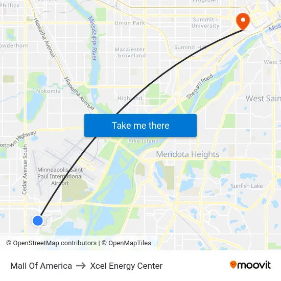 Mall Of America to Xcel Energy Center map