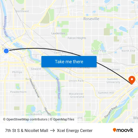 7th St S & Nicollet Mall to Xcel Energy Center map