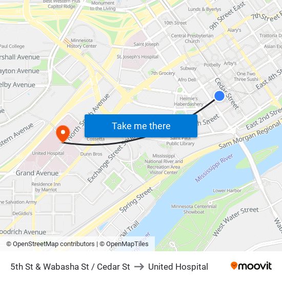 5th St & Wabasha St / Cedar St to United Hospital map