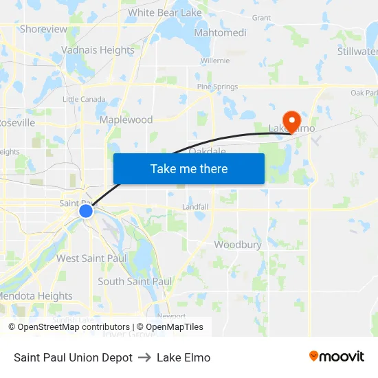Saint Paul Union Depot to Lake Elmo map