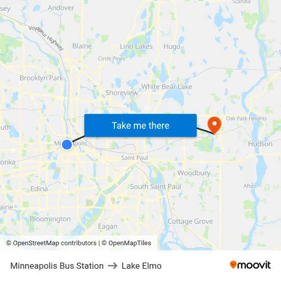 Minneapolis Bus Station to Lake Elmo map