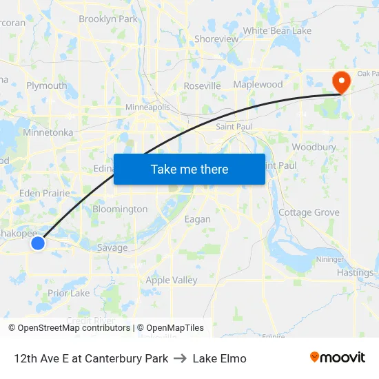12th Ave E at Canterbury Park to Lake Elmo map