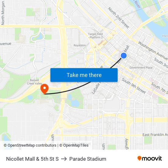 Nicollet Mall & 5th St S to Parade Stadium map