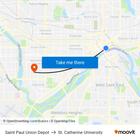 Saint Paul Union Depot to St. Catherine University map