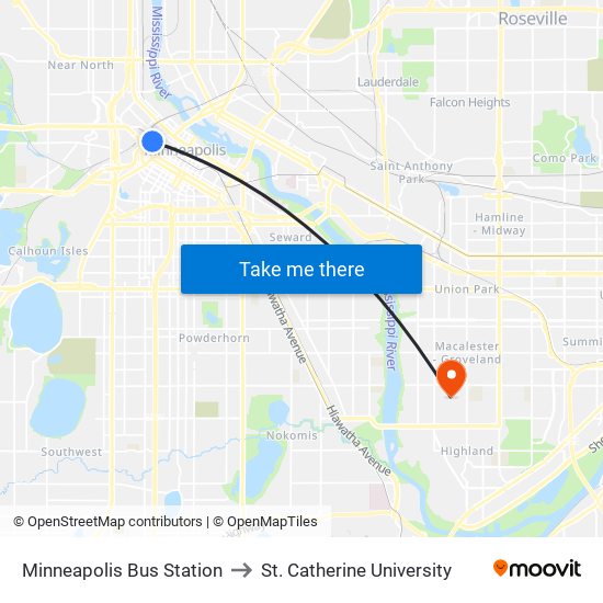 Minneapolis Bus Station to St. Catherine University map