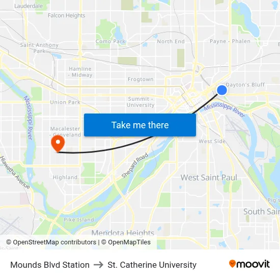 Mounds Blvd Station to St. Catherine University map
