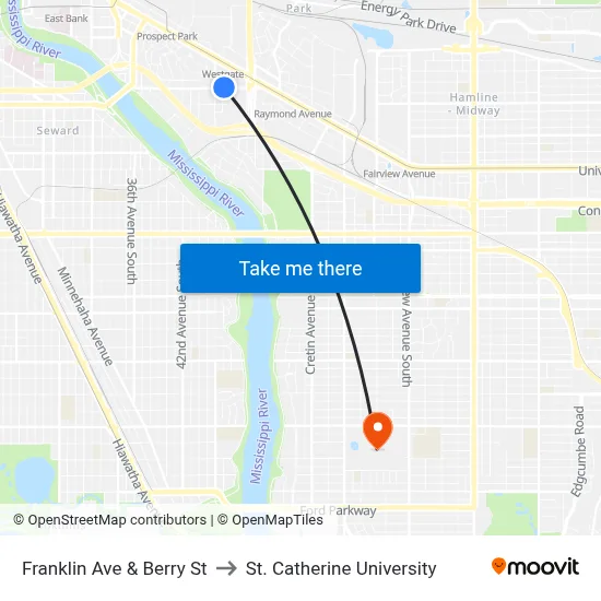 Franklin Ave & Berry St to St. Catherine University map