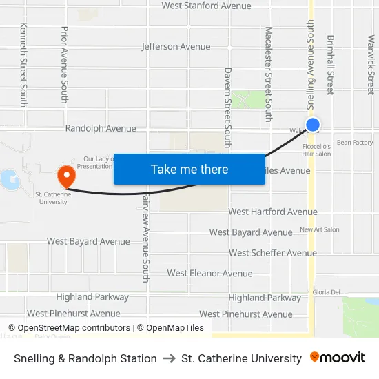 Snelling & Randolph Station to St. Catherine University map