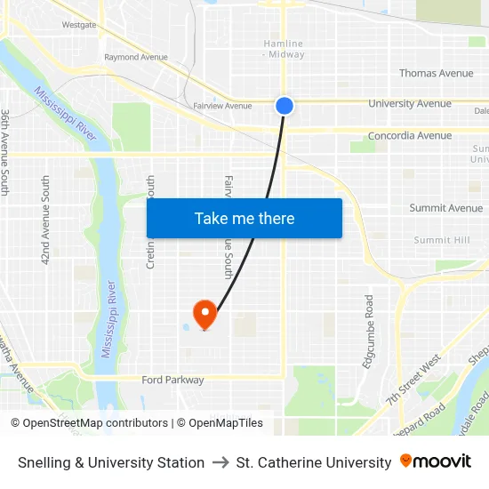 Snelling & University Station to St. Catherine University map
